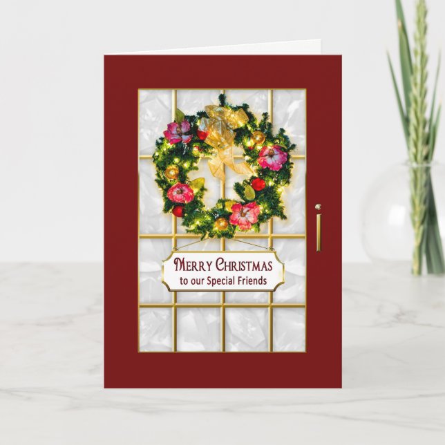 Tarjeta Festiva Navidades- Amigos - Puerta Roja/Wreath (Anverso)