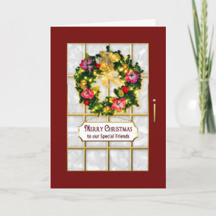 Tarjeta Festiva Navidades- Amigos - Puerta Roja/Wreath