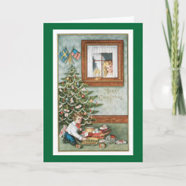 Tarjeta Festiva Navidades Ángel observando al niño con juguetes
