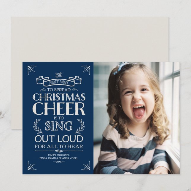 Tarjeta Festiva Navidades animan foto de festividad en azul (Anverso / Reverso)