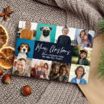 TARJETA FESTIVA NAVIDADES AÑO EN REVISIÓN 10 FOTOS PINOS AZULES<br><div class="desc">Haga que sus saludos de vacaciones sean realmente especiales con nuestra tarjeta de Navidades de diseño con 10 fotos cuadradas para capturar y compartir sus momentos más apreciados del año. El guión moderno escrito a mano en el frente te permite personalizar tu tarjeta con las palabras "Feliz Navidad" EN BLANCO...</div>