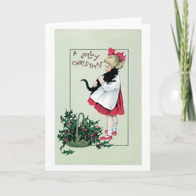 Tarjeta Festiva Navidades anticuados, Chica sostiene gato negro (Anverso)