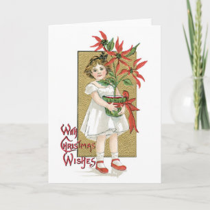 Tarjeta Festiva Navidades anticuados, Chica sostiene Poinsettia