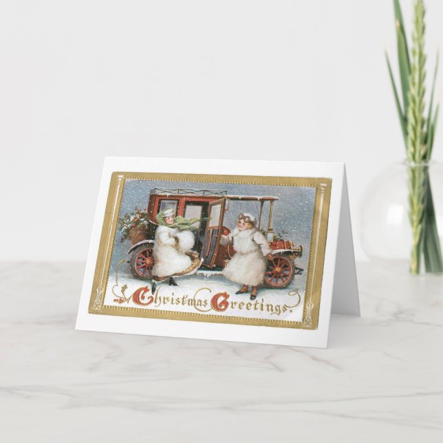 Tarjeta Festiva Navidades anticuados, coche vintage (Anverso)