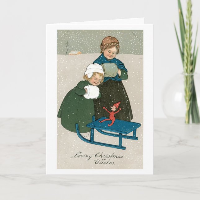 Tarjeta Festiva Navidades anticuados, hermanas (Anverso)