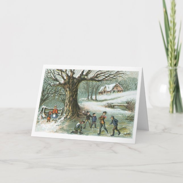 Tarjeta Festiva Navidades anticuados, paisaje nevado (Anverso)