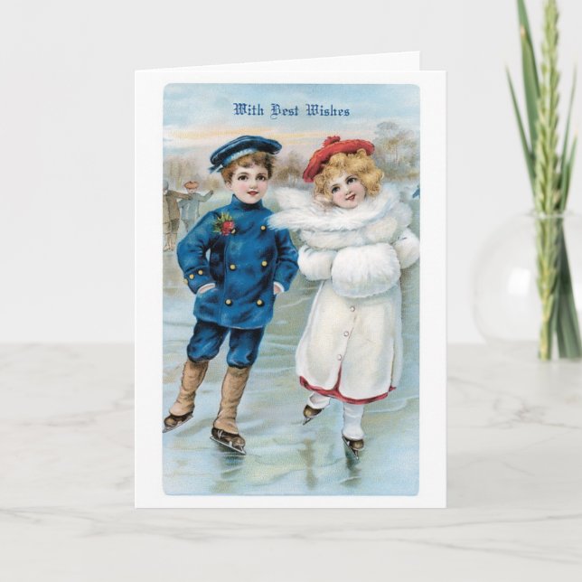 Tarjeta Festiva Navidades anticuados, pista de patinaje (Anverso)
