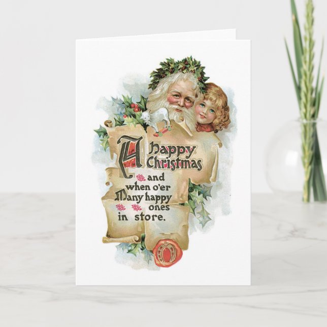 Tarjeta Festiva Navidades anticuados, Santa con Chica (Anverso)