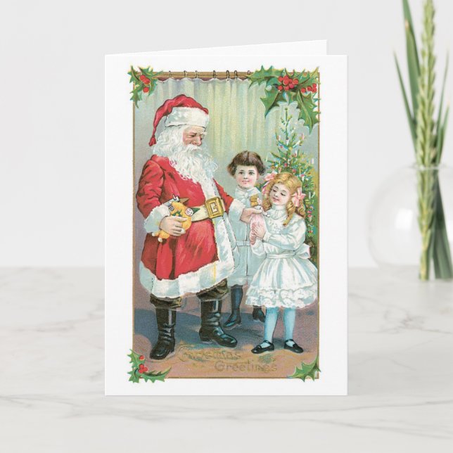Tarjeta Festiva Navidades anticuados, Santa con Chicas (Anverso)