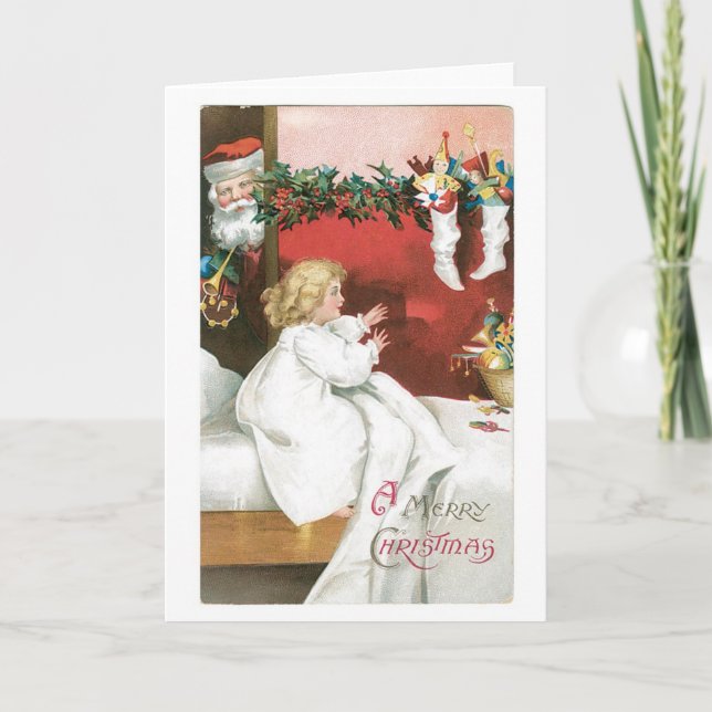 Tarjeta Festiva Navidades anticuados, Santa y Chica (Anverso)