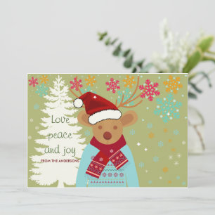 Tarjeta Festiva Navidades Árbol de renos Nieve Vintage Verde Rojo