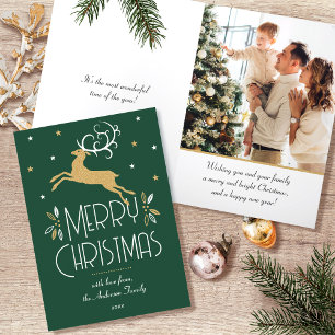 Tarjeta Festiva Navidades Art Deco Foto de reno Oro Verde