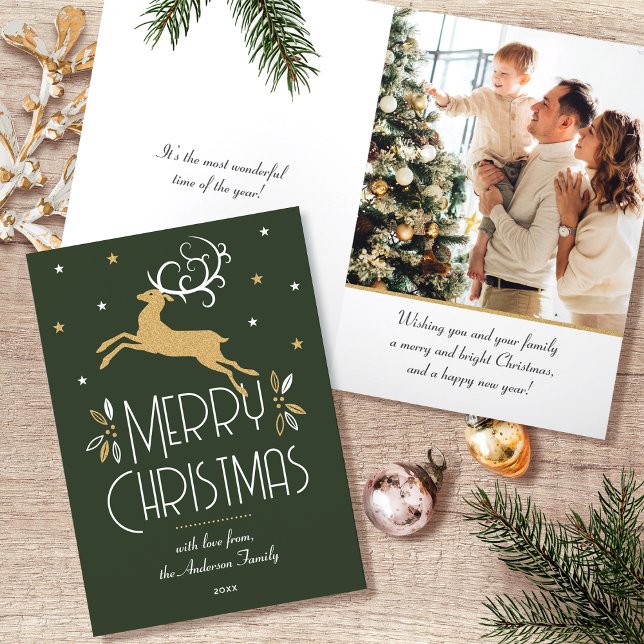 Tarjeta Festiva Navidades Art Deco Foto de reno Oro Verde Profundo (Subido por el creador)