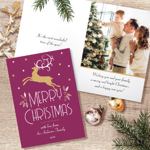 Tarjeta Festiva Navidades Art Decó Foto de reno Plum Gold