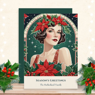 Tarjeta Festiva Navidades Art Decó Inspirado Retrato Lady Retro