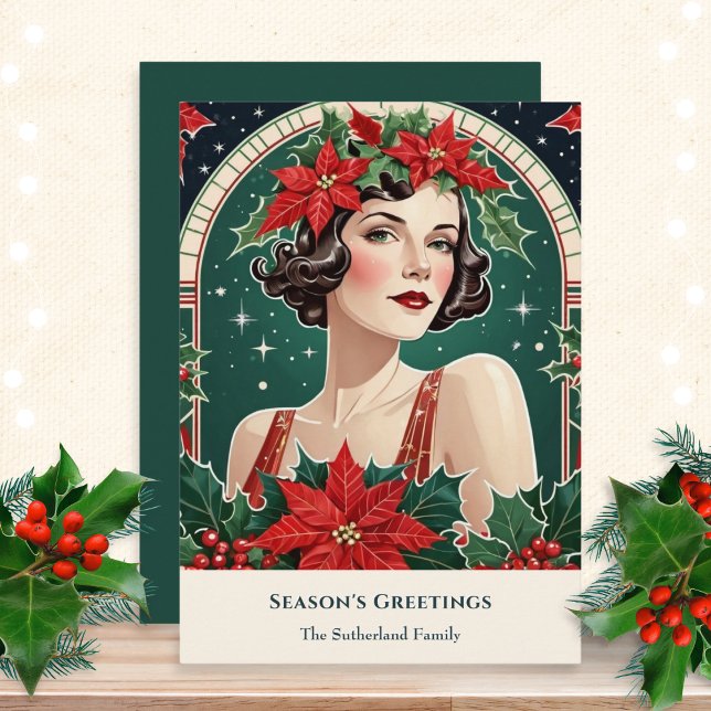Tarjeta Festiva Navidades Art Decó Inspirado Retrato Lady Retro (A stylish Christmas card with a picture of an elegant lady in an Art Deco inspired style)