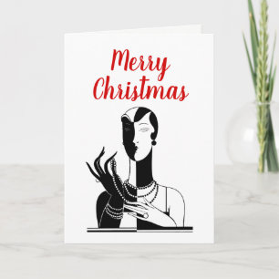 Tarjeta Festiva Navidades Art Deco Lady con Pearls Black Transp