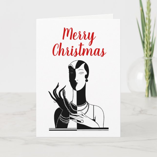 Tarjeta Festiva Navidades Art Deco Lady con Pearls Black Transp (Anverso)