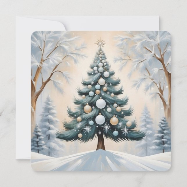 Tarjeta Festiva Navidades Art Deco Pine Tree Oro Ornamentos Blanco (Anverso)