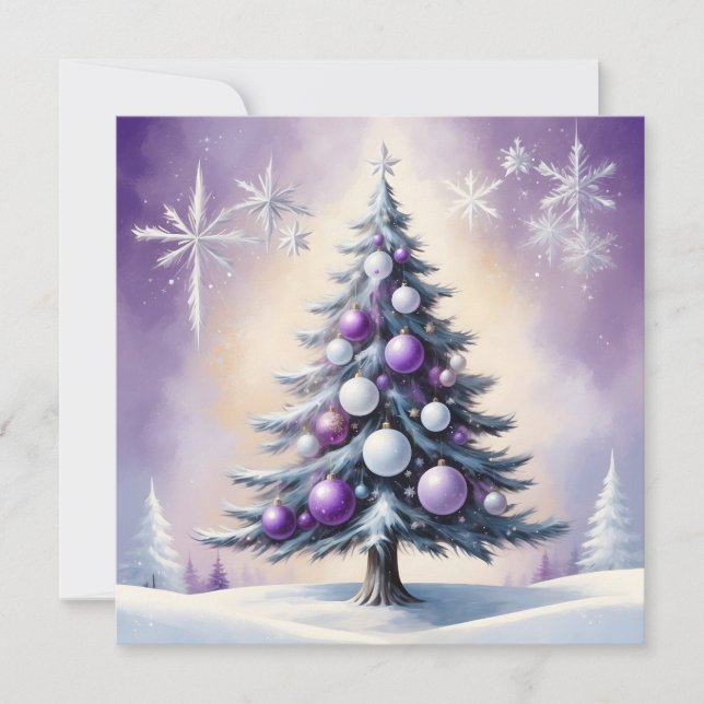 Tarjeta Festiva Navidades Art Deco Púrpura y Niebla Plata (Anverso)