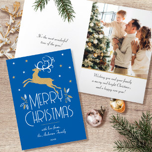 Tarjeta Festiva Navidades Art Decó Reno Foto Oro Azul