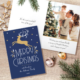 Tarjeta Festiva Navidades Art Decó Reno Foto Oro Azul Profundo