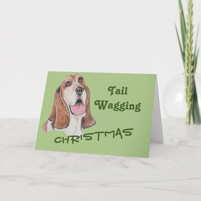 Tarjeta Festiva Navidades Arte Acrílico Verde Basset Hound Realist (Anverso)