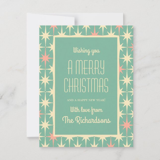 Tarjeta Festiva Navidades atómicos modernos de mediados del siglo  (Anverso)