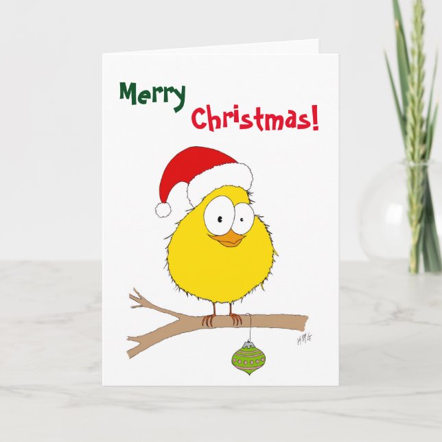 Tarjeta Festiva Navidades: Ave divertida (amarillo) (Anverso)