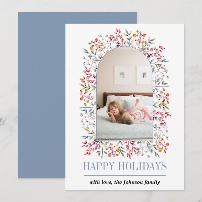 Tarjeta Festiva Navidades azul polvorientos de arca de cerezo y ho (Anverso / Reverso)