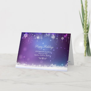 Tarjeta Festiva Navidades Azules Blancos Y Morados Copos De Nieve