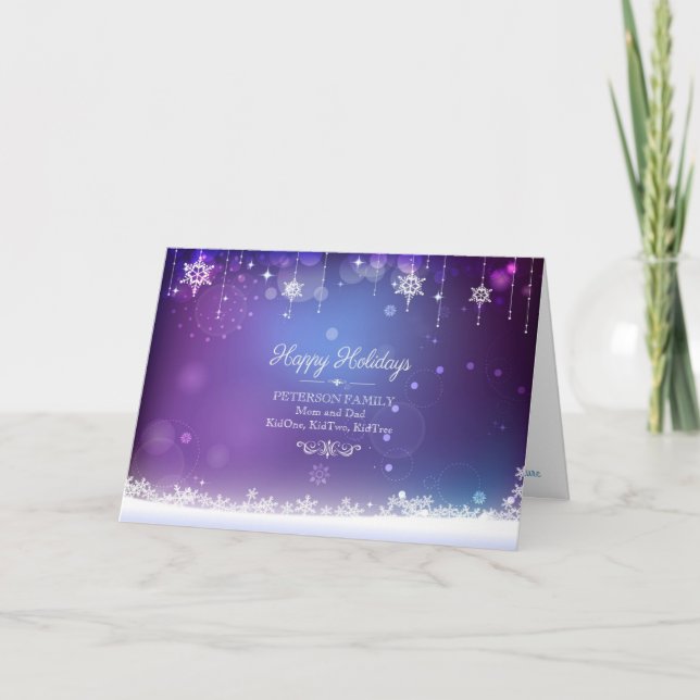 Tarjeta Festiva Navidades Azules Blancos Y Morados Copos De Nieve (Anverso)