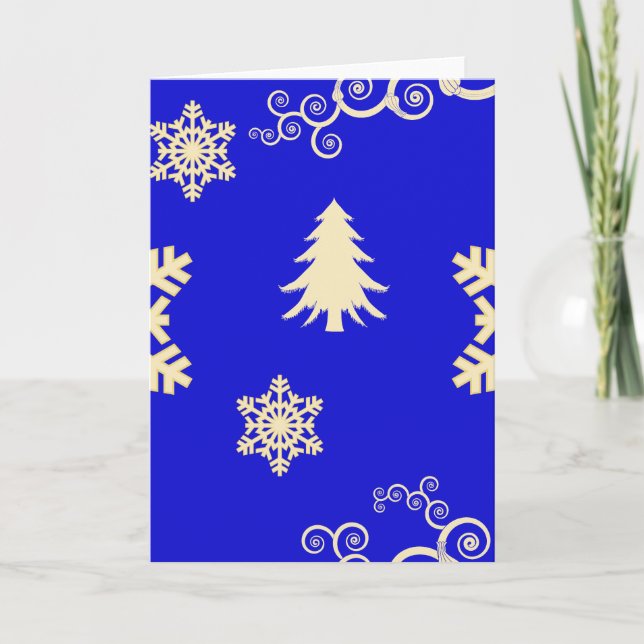 Tarjeta Festiva Navidades azules con copos de nieve crema (Anverso)