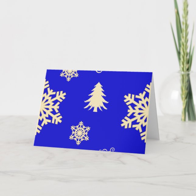 Tarjeta Festiva Navidades azules con copos de nieve crema (Anverso)