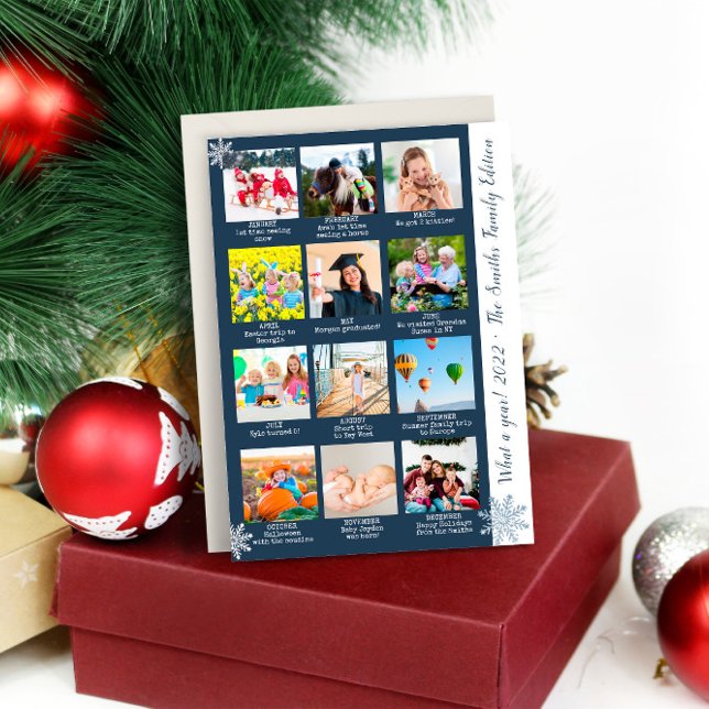 Tarjeta Festiva Navidades Azules De Collage de fotos De Un Año 12 (Modern What A Year 12 Photo Collage Blue Christmas Holiday Card
)