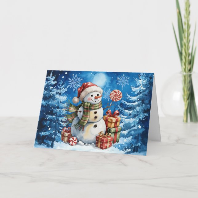Tarjeta Festiva Navidades azules de invierno clásicos Snowman (Anverso)
