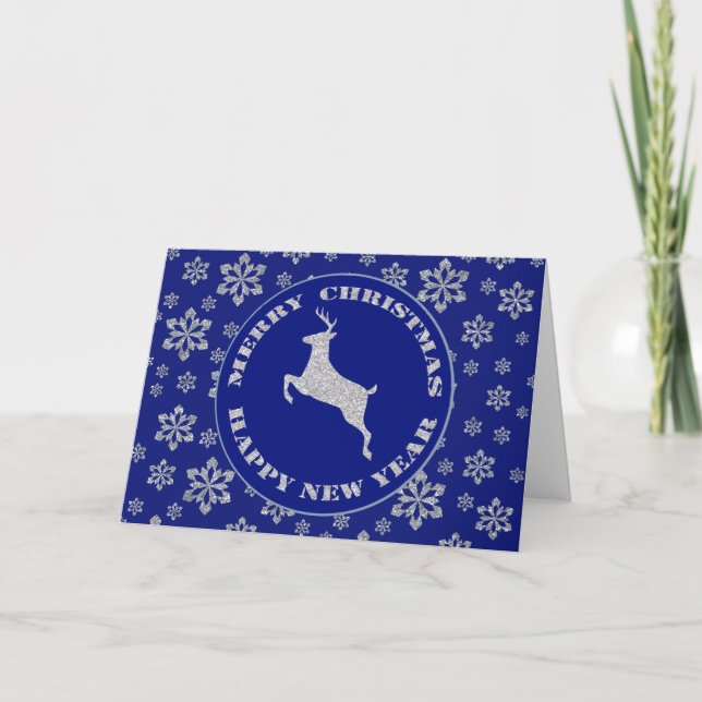 Tarjeta Festiva Navidades azules de reno de copo de nieve (Anverso)