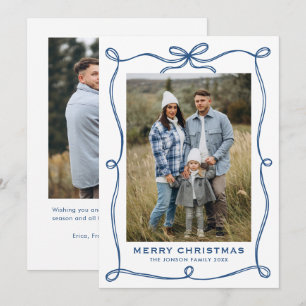 Tarjeta Festiva Navidades azules minimalistas doblan cinta de opci
