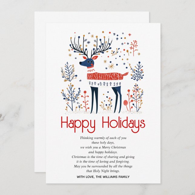 Tarjeta Festiva Navidades azules rojos al estilo escandinavo (Anverso / Reverso)