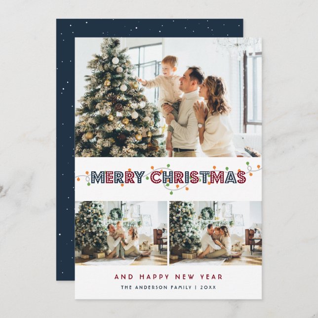 Tarjeta Festiva Navidades azules rojos iluminan 3 Collages de foto (Anverso / Reverso)