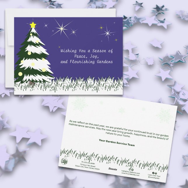 Tarjeta Festiva Navidades azules, verdes y blancos (Blue, Green & White Christmas Season Business Holiday Card, Christmas Tree - Snow Landscape)