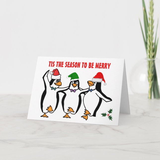 Tarjeta Festiva Navidades bailando pingüinos en temporada alta (Anverso)