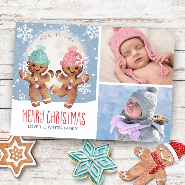 Tarjeta Festiva Navidades bailarines Gingerbread Cookies Joy (Personalize it with 2 of your own favorite photos)