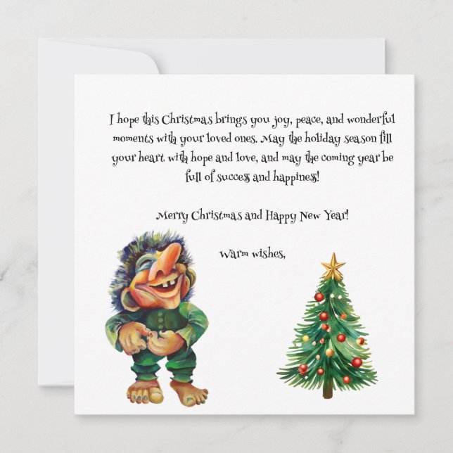 Tarjeta Festiva Navidades baratos en trolls y luz de árbol (Anverso)