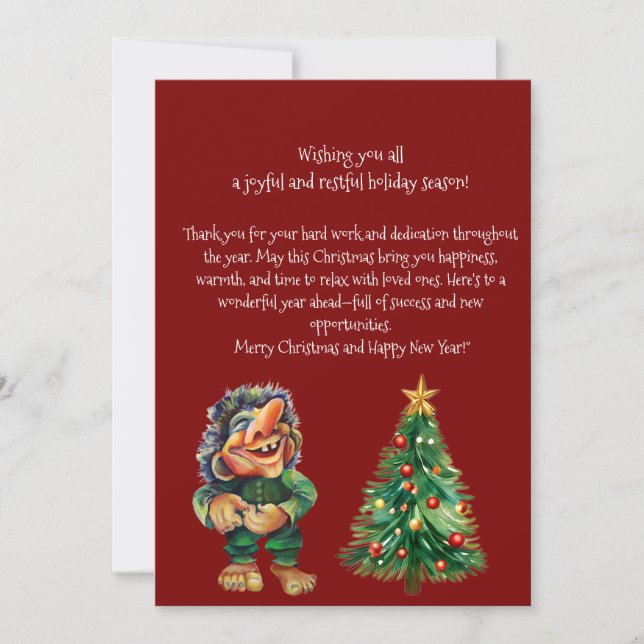 Tarjeta Festiva Navidades baratos en trolls y luz de árbol (Anverso)