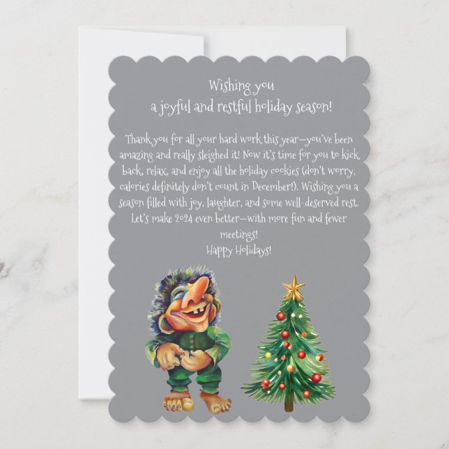 Tarjeta Festiva Navidades baratos en trolls y luz de árbol (Anverso)