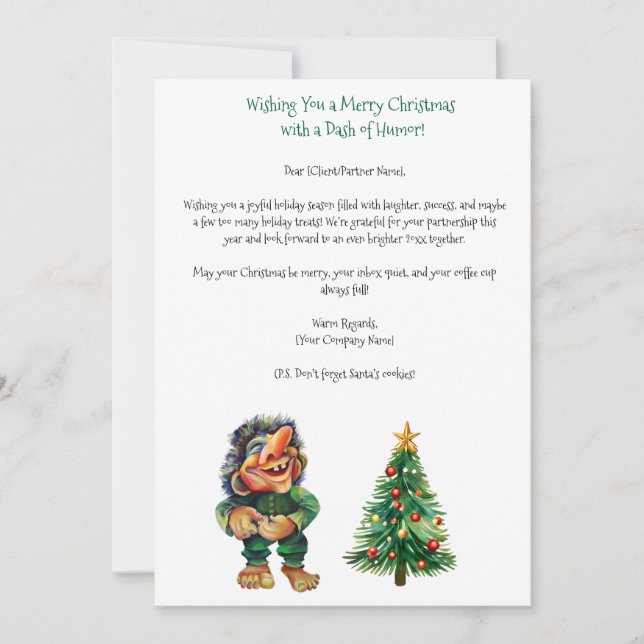 Tarjeta Festiva Navidades baratos en trolls y luz de árbol (Anverso)