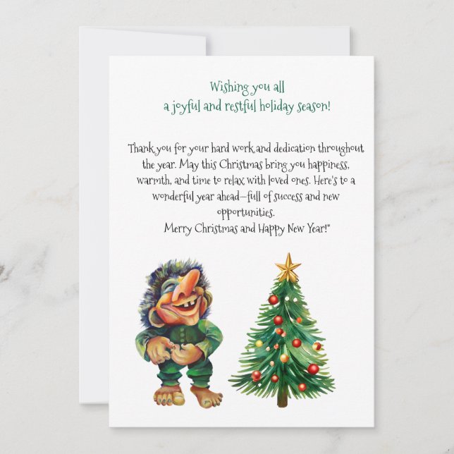 Tarjeta Festiva Navidades baratos en trolls y luz de árbol (Anverso)