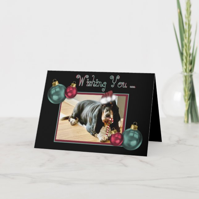 Tarjeta Festiva Navidades Basset Hound en Cute Card con Candy Cane (Anverso)