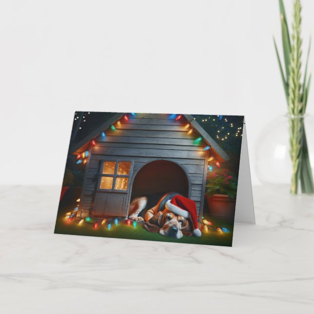 Tarjeta Festiva Navidades Basset Hound En Doghouse (Anverso)
